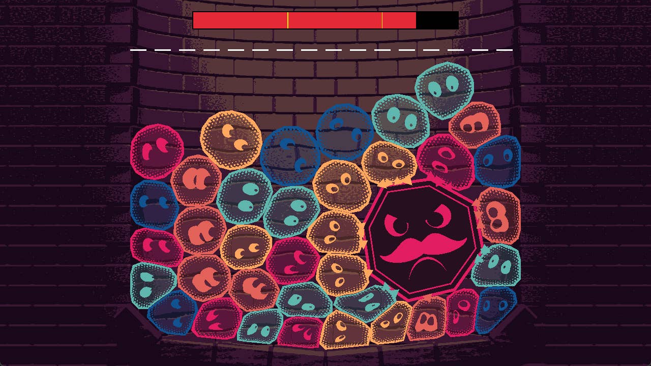 A screenful of squishy blobs with eyes and one big angular one with a moustache, from the game Jelly Well.